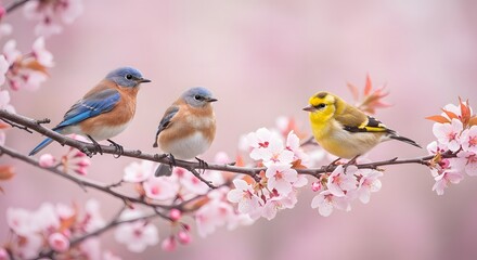 Obraz premium Vibrant songbirds, two bluebirds and a goldfinch, perched on a delicate pink cherry blossom branch in spring