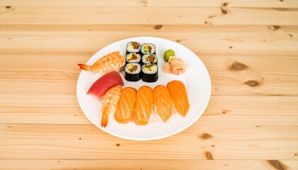 Top-down view of a fresh Japanese sushi platter featuring assorted nigiri and maki rolls on a white ceramic plate over a light wooden background.