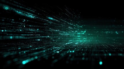 Digital code streams, teal glow, dark background
