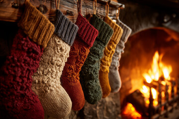 Socks hanging in front of the fireplace