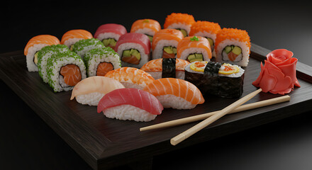 Assorted sushi platter with various rolls and nigiri pieces, presented on a dark wooden tray.