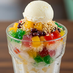 A refreshing halo-halo dessert, layered with shaved ice, sweet beans, fruits, and topped with ice cream.
