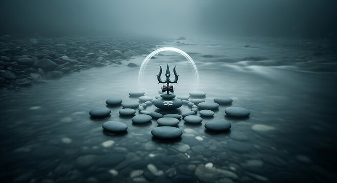 Shivas Trident and Lingam on Stones in Water.