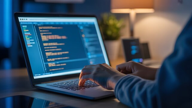 Person typing code on laptop computer in dimly lit room coding programming