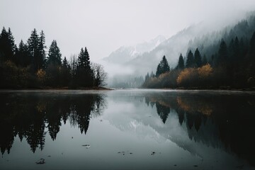 Misty mountain lake reflecting a serene forest