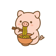 Cute Pig Cartoon Eating Noodles