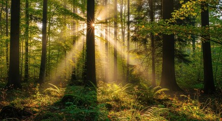 Sunbeams Through Forest Canopy: Lush Green Ferns and Tall Trees