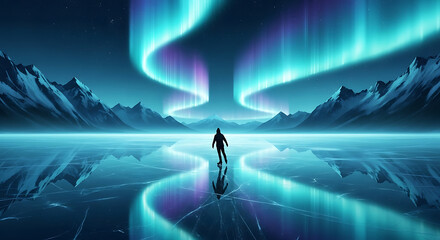 Silhouette of a Skater Under the Northern Lights on Frozen Lake 1.