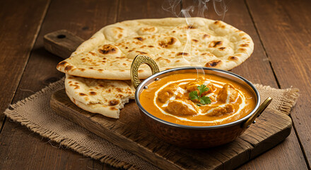 Steaming butter chicken curry served with naan bread on rustic wooden board.