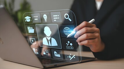 Person using stylus on holographic interface with user profile icons technology digital