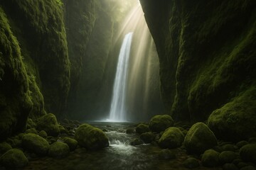Majestic Waterfall Cascading Through Moss-Covered Canyon