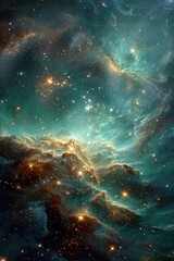 Fototapeta premium Deep space nebula, swirling turquoise and gold hues, scattered stars