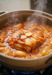 Steaming pot of vibrant kimchi jjigae, a Korean stew, with tofu, cabbage, and garlic simmering on a stovetop burner.