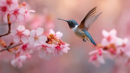 Fototapeta premium Hummingbird hovers near delicate pink cherry blossoms, wings spread