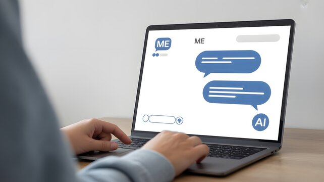 Person typing on laptop with A I chatbot conversation on screen hands keyboard