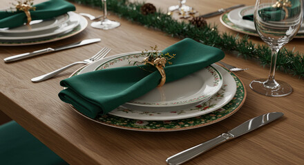 Elegant Christmas Table Setting with Green Napkin and Plates.