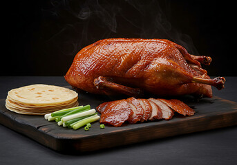 Roasted Peking duck, sliced and ready to eat, with accompanying pancakes and scallions.