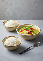 Aromatic Thai green curry served with steamed rice in rustic bowls.