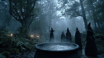 Dark forest scene with witches and a cauldron, steaming with potion. Use for Halloween themes, witchcraft illustrations, or fantasy backgrounds.