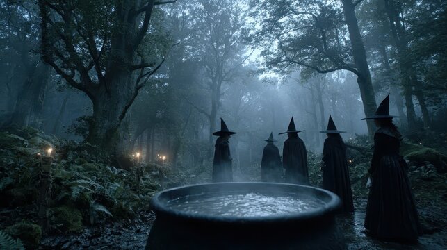 Dark forest scene with witches and a cauldron, steaming with potion. Use for Halloween themes, witchcraft illustrations, or fantasy backgrounds.