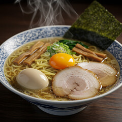 A close-up of a steaming bowl of Japanese ramen with various toppings, ready to be eaten.
