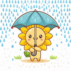 Cheerful sunflower character under a blue umbrella during a downpour. A cute kawaii illustration about finding happiness in the rain.