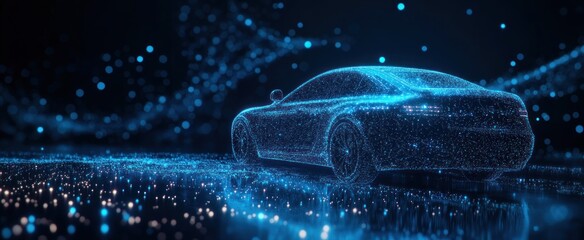 Abstract image of a auto in the form of a starry sky or space, consisting of points, lines, and shapes in the form of planets, stars and the universe. 3D Render illustration business