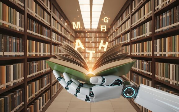 Robot hand holding open book with floating math letters in library image