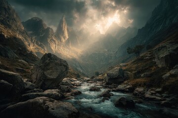 Mountain stream, dramatic light, rocky valley