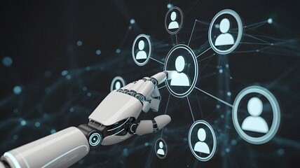 Robotic hand touching glowing human profile icon in network robot hand artificial intelligence