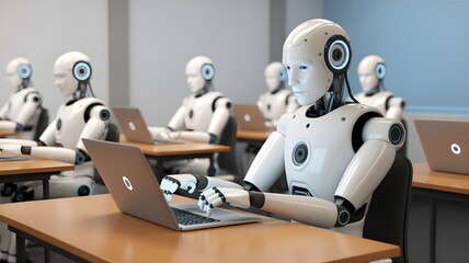 Robots in a classroom setting using laptops android humanoid