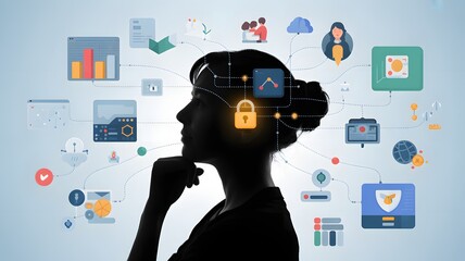 Silhouette of woman with digital network of icons and symbols in head thinking ideas