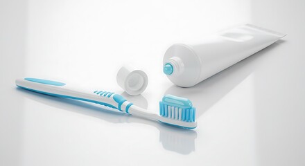 Toothbrush with toothpaste tube and cap on a clean white surface