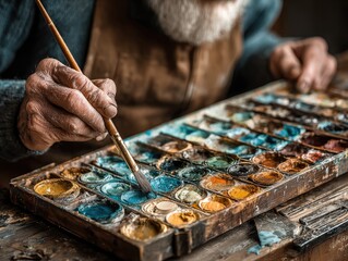 Obraz premium Elderly Artist's Hand Holding Brush Over Vibrant Watercolor Palette