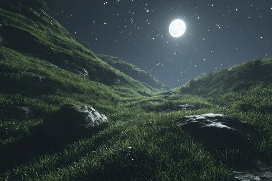 Lush grassy valley at night under a full moon