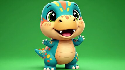 Cartoon dinosaur with big eyes a toothy grin and colorful spots set against a solid green background - Powered by Adobe