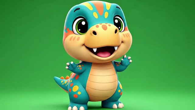 Cartoon dinosaur with big eyes a toothy grin and colorful spots set against a solid green background - Powered by Adobe