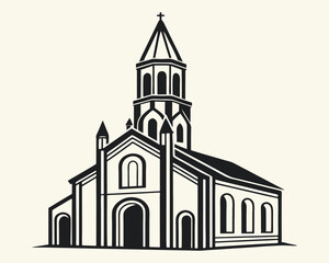 Striking Monochrome Illustration of a Traditional Church Building with a Tall Spire Reaching towards the Sky in a Clean Architectural Style