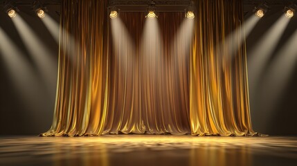 Luxurious gold stage curtain with spotlight beaming on reflective wooden floor background