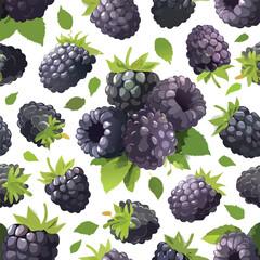 Close-up image of ripe blackberries with green leaves on a white background.