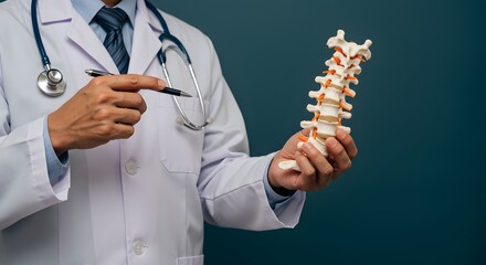 A doctor is holding an illustrated model of the spine and pointing to one area with his pen, indicating where he wants you to work on pain relief in your back