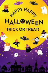 ハロウィンのポップでかわいい、夜空背景 ( フレーム　見出し　タイトル　ハロウィーン　セール　チラシ　月　街並み　お化け　カボチャ　お化け　ゴースト　コウモリ )