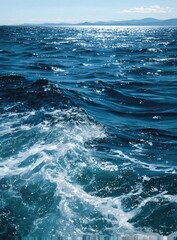 Fototapeta premium Azure ocean waves crashing, sunlight glinting on the water's surface. Distant horizon