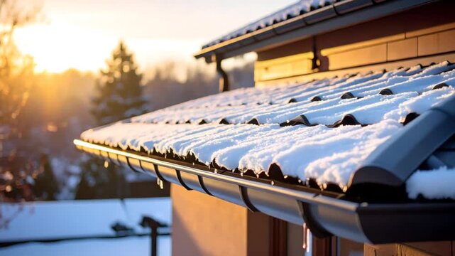 Snowy roof gutter sunrise
