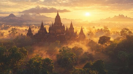 Ancient Temple Complex Emerging from Fog at Sunset