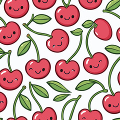 Seamless pattern featuring smiling cartoon cherries with green leaves on white background.