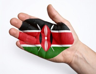 Kenya National Flag Painted on Hand Featuring Black, Red, and Green Stripes with White Separators and Central Maasai Shield and Spears Representing Patriotism and Cultural Identity