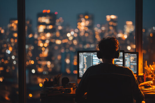 A late evening office with warm lights and a city skyline outside A person uses AI to automate reports on their computer