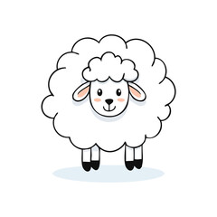 Cute cartoon sheep with fluffy white wool, smiling, and standing on a light blue surface.