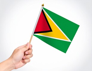 Guyana National Flag with Green Field, Yellow and Red Triangles Bordered by White and Black Held by Hand Representing National Identity and Cultural Symbolism